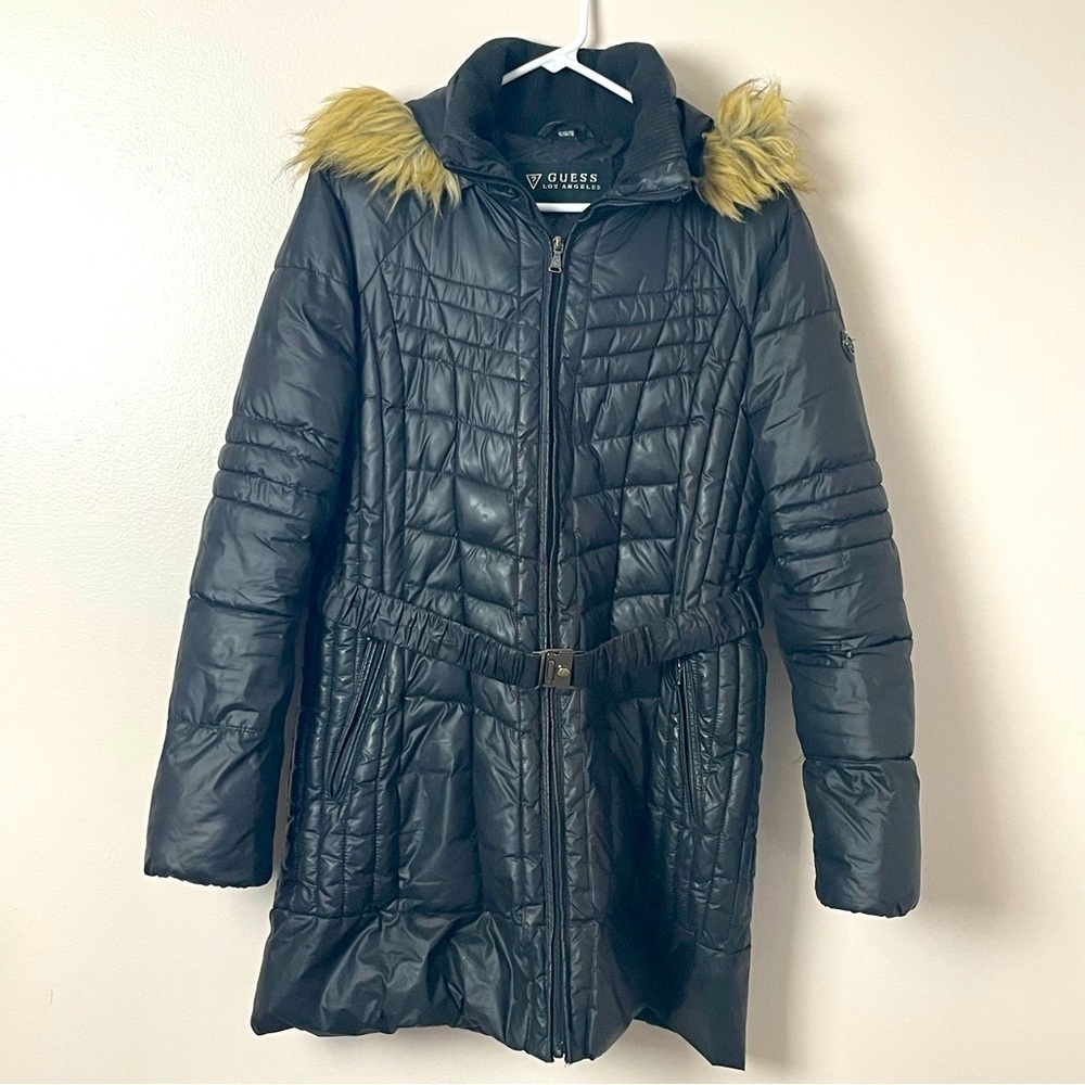 Guess Black Puffer Winter Coat – Women’s Large / Girls XL – Hooded & Belted